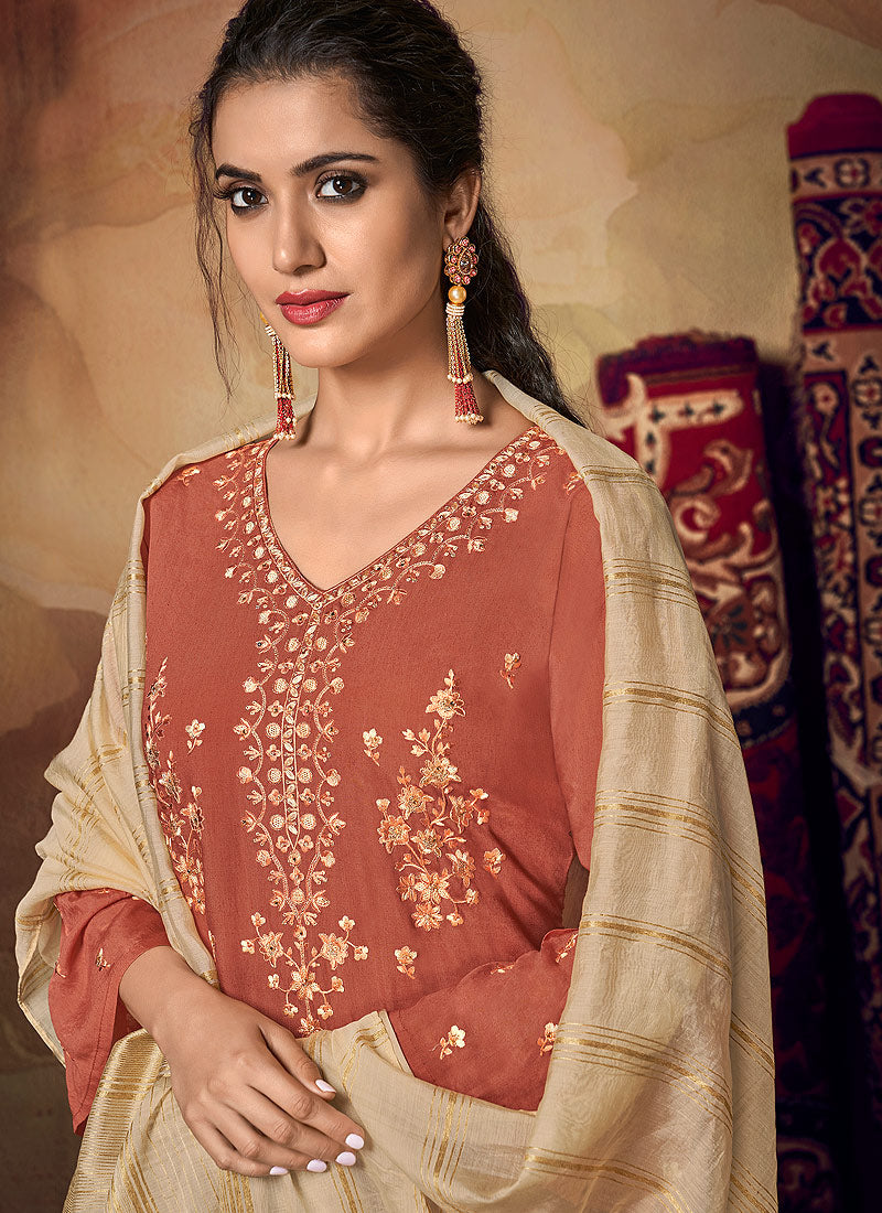 Peach And Beige Zari Embroidered Palazzo Suit, Salwar Kameez