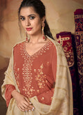 Peach And Beige Zari Embroidered Palazzo Suit, Salwar Kameez