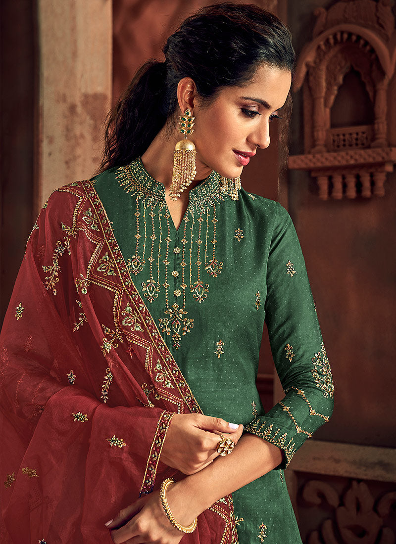 Green And Maroon Designer Palazzo Suit, Salwar Kameez
