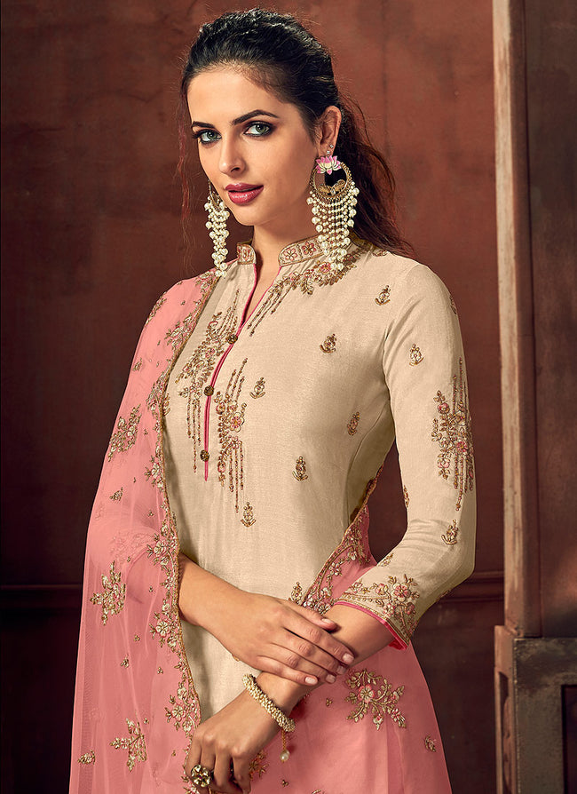 Off White And Peach Designer Palazzo Suit, Salwar Kameez