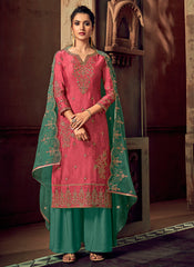 Pink And Green Designer Palazzo Suit