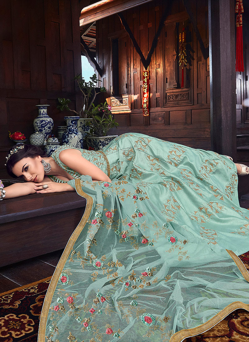 Light Blue Golden Embroidered Silk Anarkali Suit