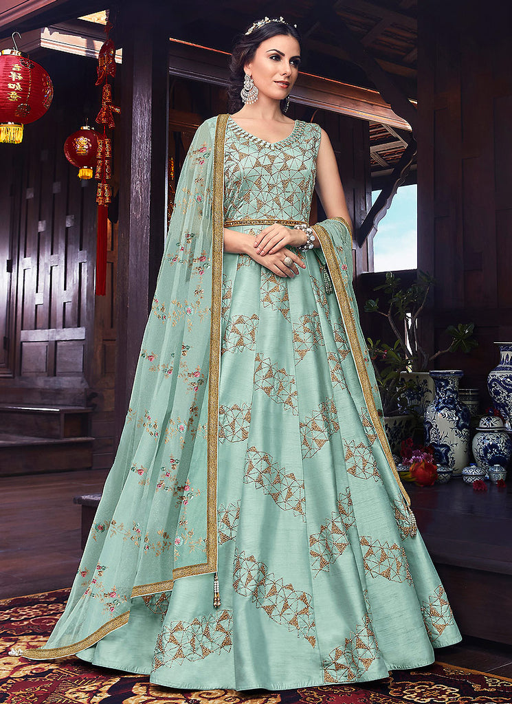 Light Blue Golden Embroidered Silk Anarkali Suit