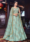 Light Blue Golden Embroidered Silk Anarkali Suit
