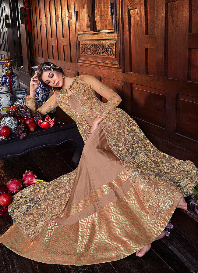 Peach And Golden Zari Embroidered Anarkali Suit
