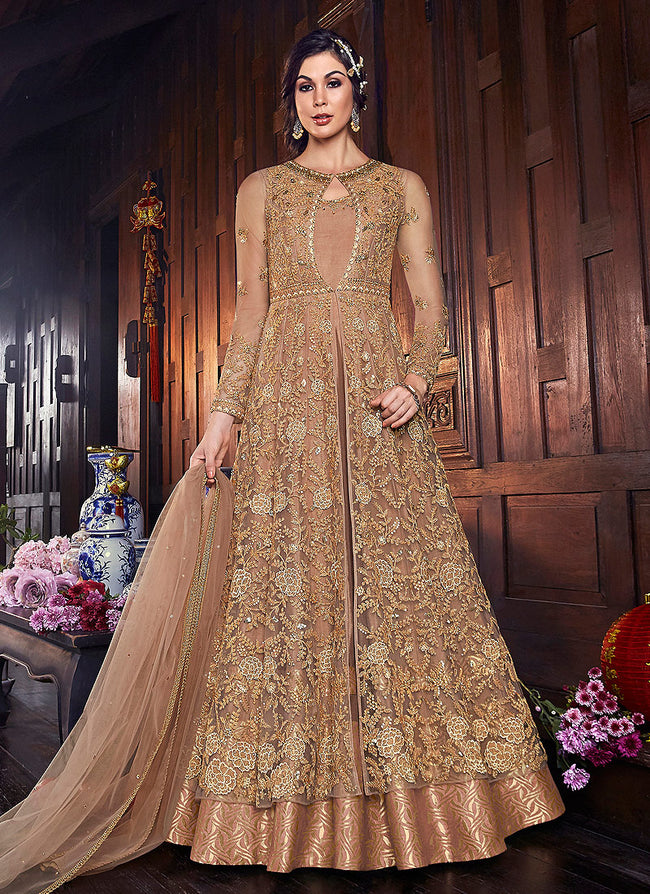 Peach And Golden Zari Embroidered Anarkali Suit
