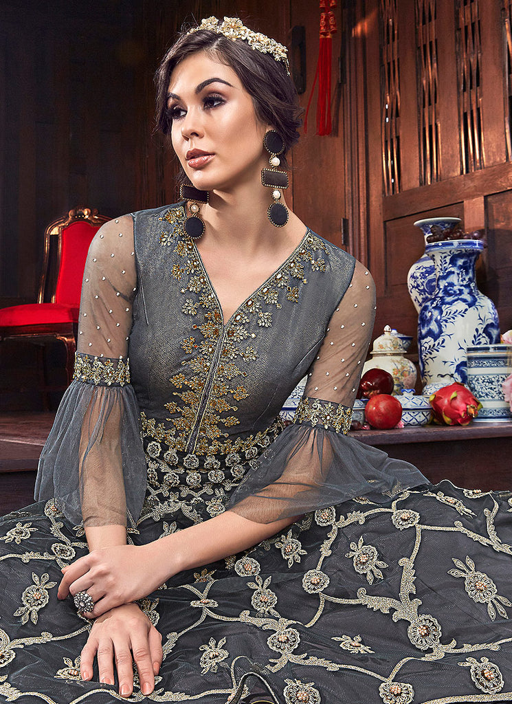 Grey Golden Embroidered Georgette Anarkali Suit