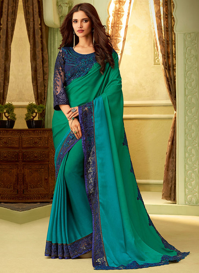 Peacock Green And Navy Blue Minimalist Embroidered Saree