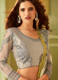 Yellow And Grey Shaded Embroidered Saree