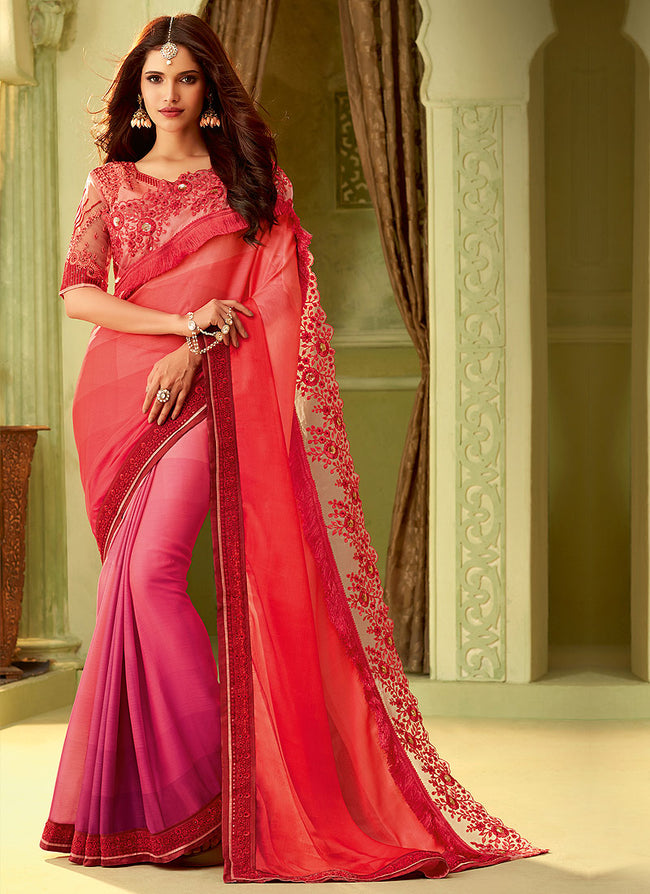 Pink And Orange Shaded Embroidered Saree
