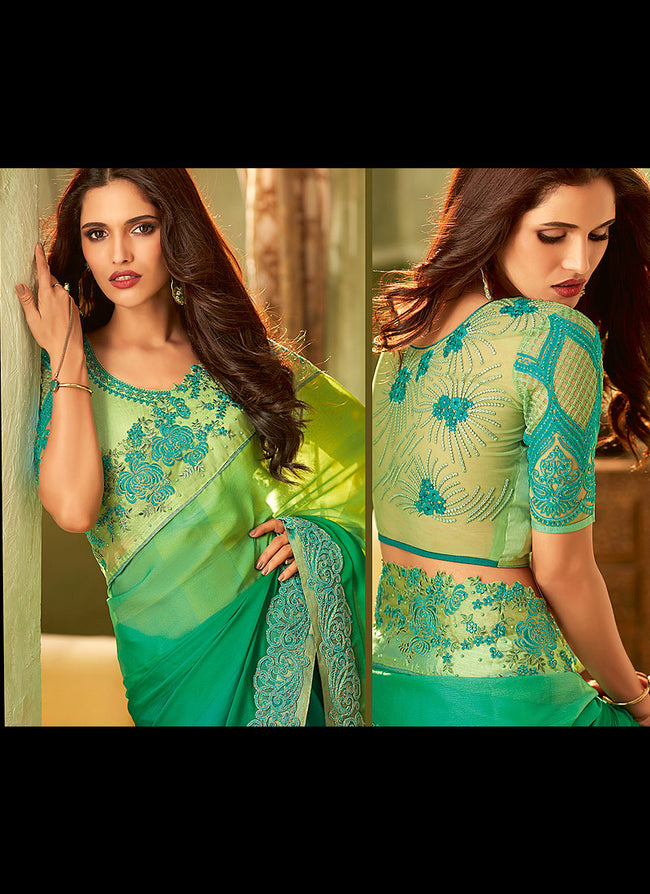 Yellow And Green Shaded Embroidered Saree