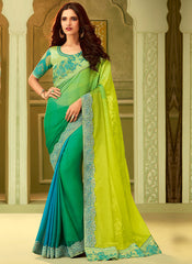 Yellow And Green Shaded Embroidered Saree