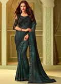 Dark Green And Black Shaded Embroidered Saree