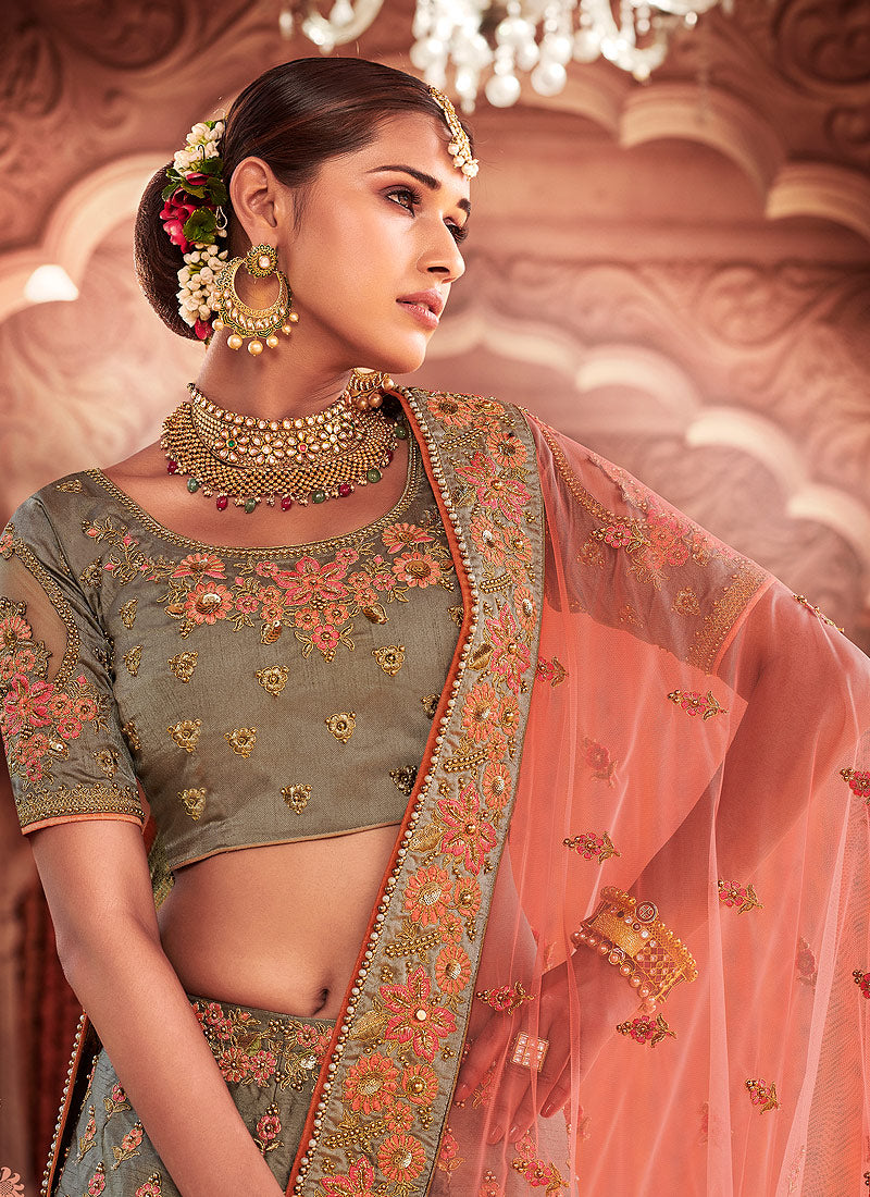 Indian Clothes - Olive Green Zari Wedding Lehenga Choli