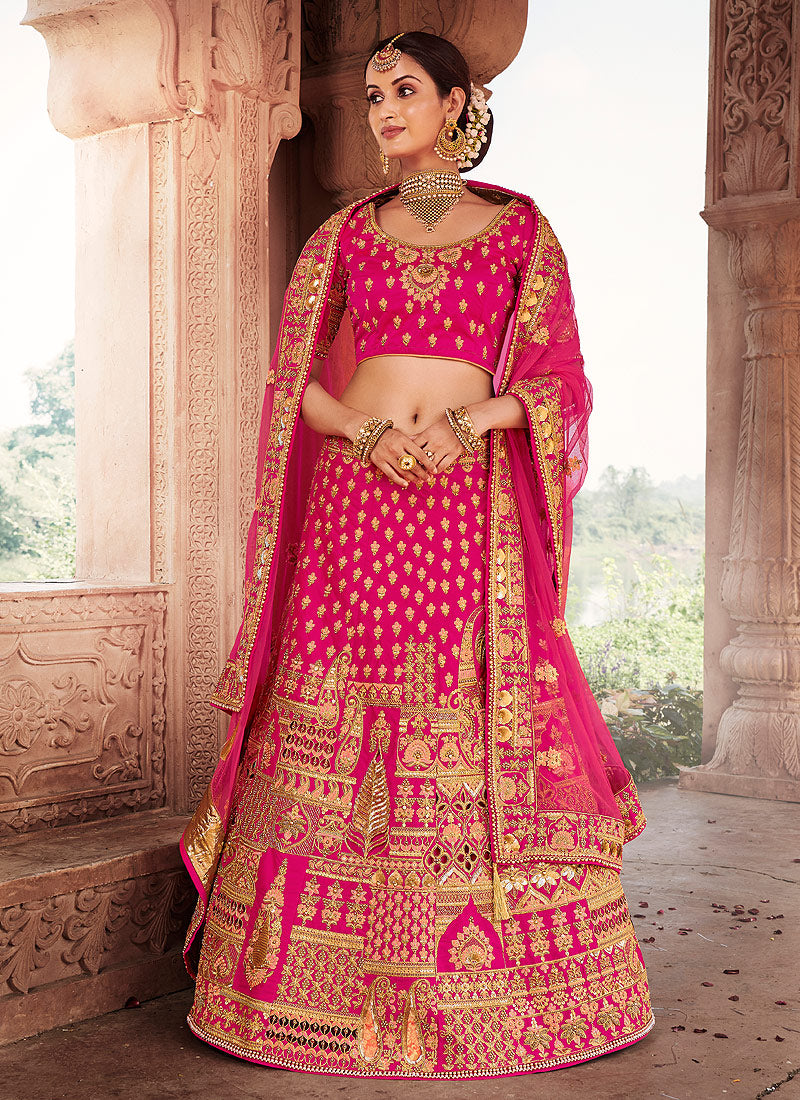 Ruby Pink Designer Heavy Embroidered Silk Bridal Lehenga | Saira's Boutique