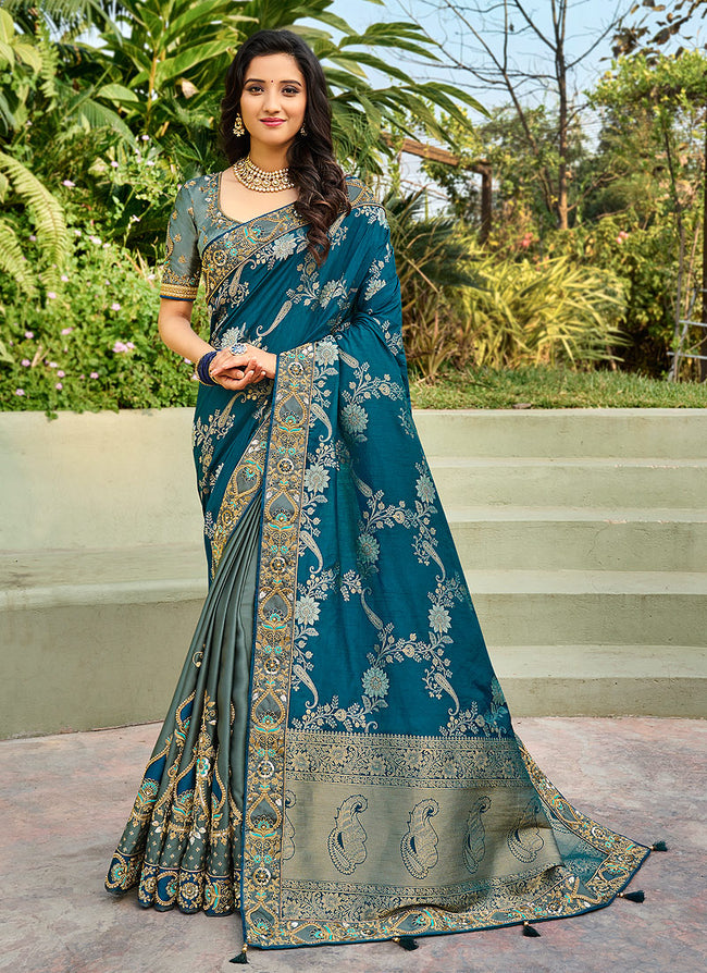 Turquoise Blue Embroidered Silk Saree