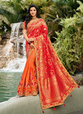 Red Orange Embroidered Silk Saree