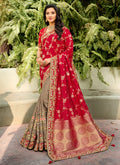 Red And Grey Embroidered Silk Saree