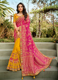 Pink And Yellow Embroidered Silk Saree