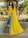 Yellow And Blue Embroidered Silk Saree