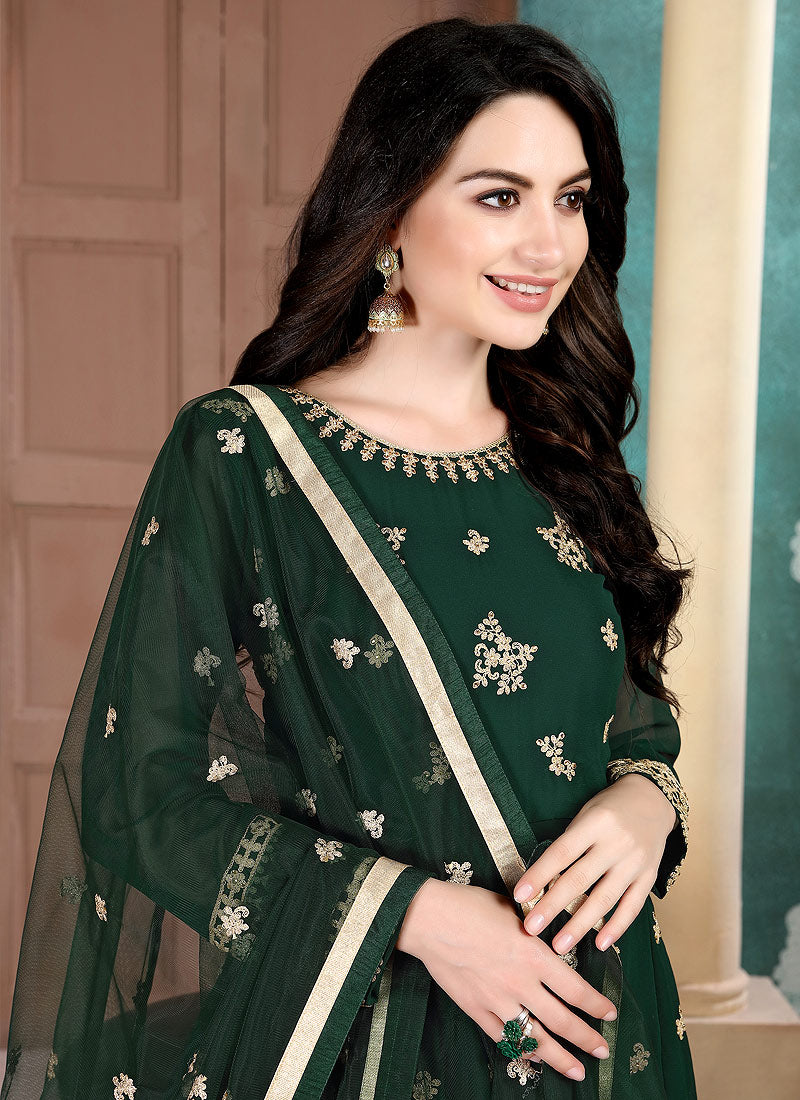 Indian Clothes -  Dark Green Golden Embroidered Anarkali Pant Suit