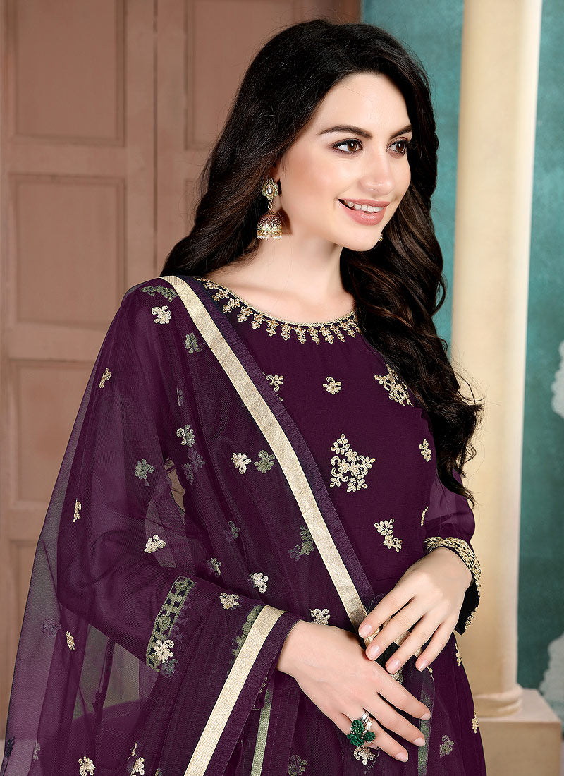 Indian Clothes - Purple Golden Embroidered Anarkali Pant Suit