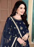 Indian Clothes - Navy Blue Golden Embroidered Anarkali Pant Suit