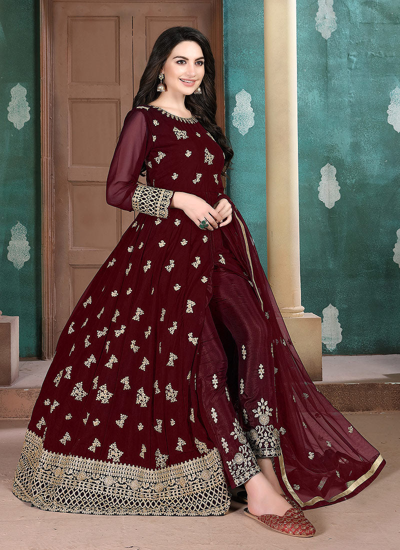 Maroon Golden Anarkali Pant Suit