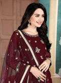 Indian Clothes - Maroon Golden Embroidered Anarkali Pant Suit