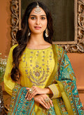 Yellow And Blue Silk Anarkali Suit In usa