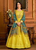Yellow And Blue Embroidered Silk Anarkali Suit