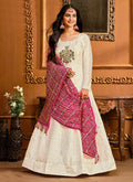 White And Pink Embroidered Silk Anarkali Suit