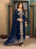 Blue Embroidery Party Wear Pant Style Suit