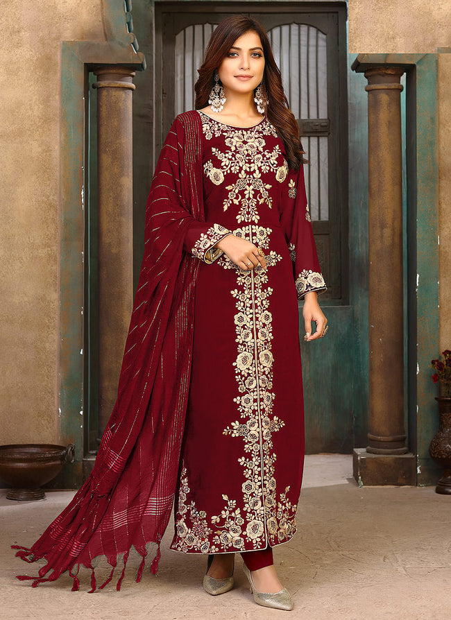 Maroon Party Wear Floral Embroidery With Digital Printed Jam Satin Suit