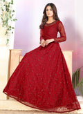 Indian Suits - Red Embroidered Net Anarkali Suit
