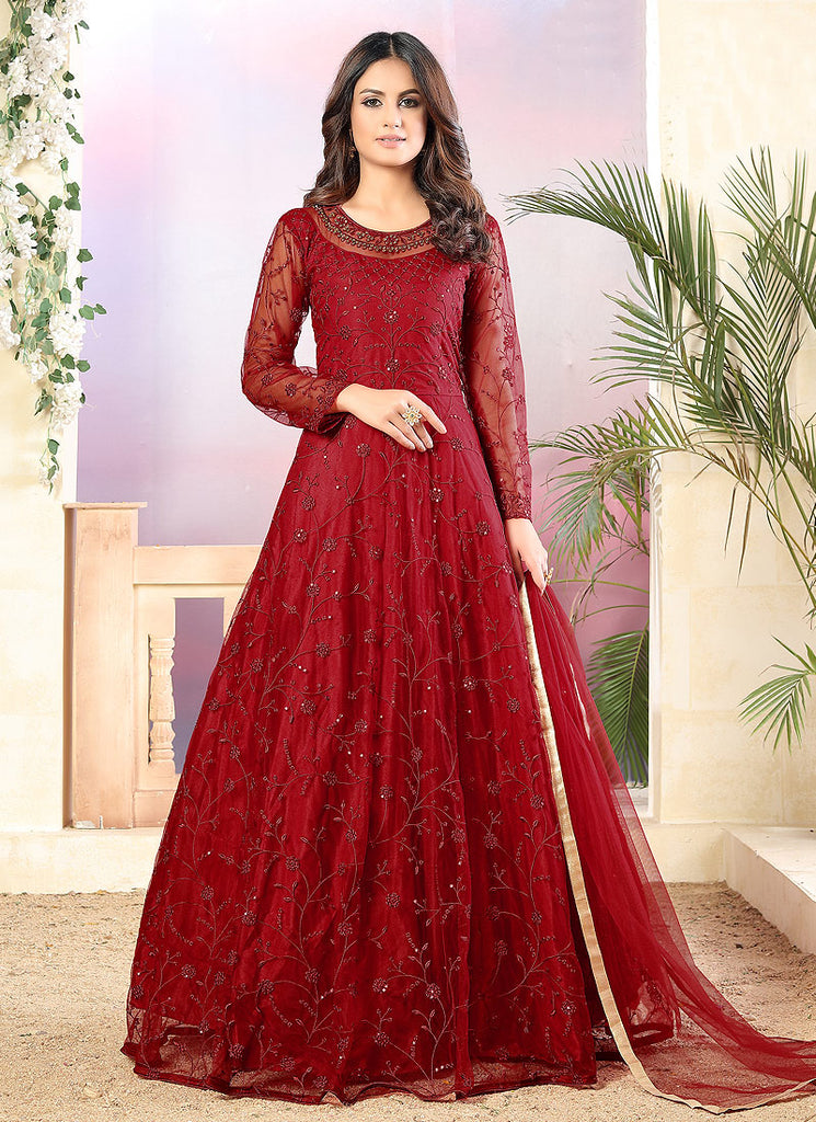 Red Net Anarkali Suit