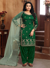 Green Mirror work Embroidered Punjabi Suit