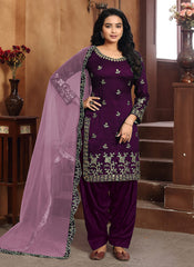 Purple Mirror work Embroidered Punjabi Suit