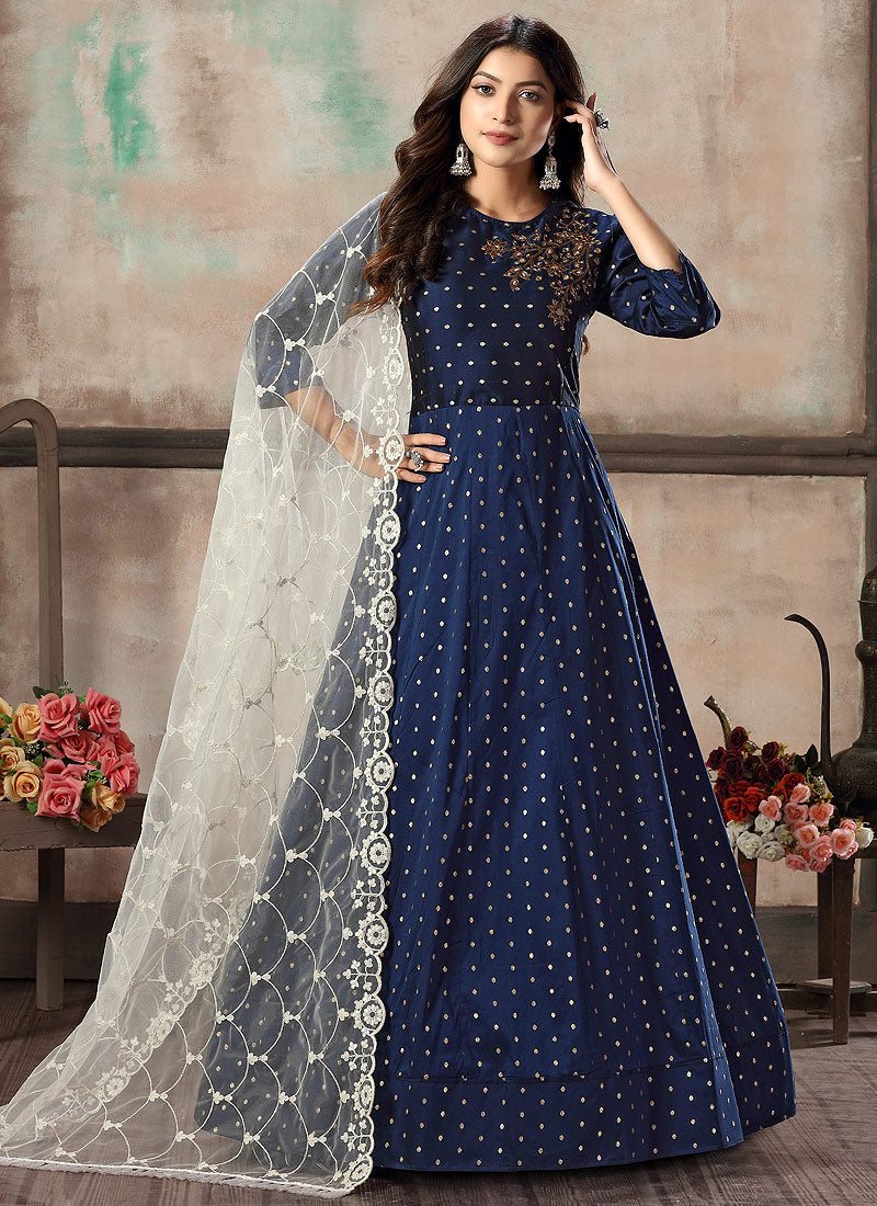 Blue And Grey Bunch Anarkali Suit