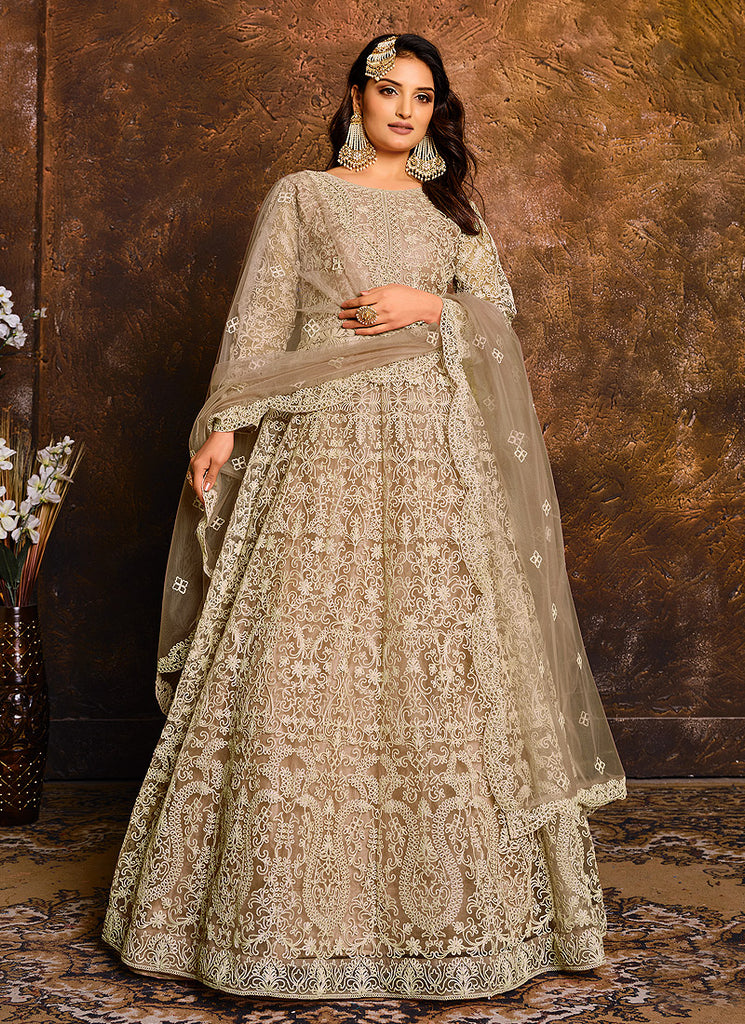 Light Brown Embroidered Indian Wedding Anarkali Suit xxs