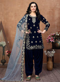 Blue Embroidered Velvet Patiala Punjabi Suit