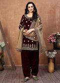 Maroon Embroidered Velvet Patiala Punjabi Suit