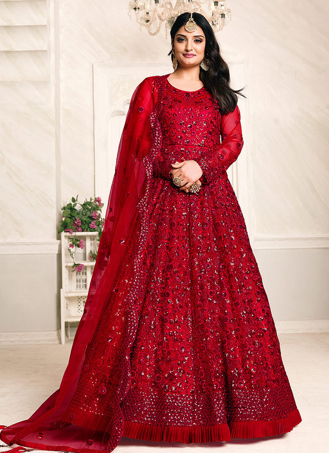 Red Georgette Gown Traditional Wear Readymade – FOURMATCHING
