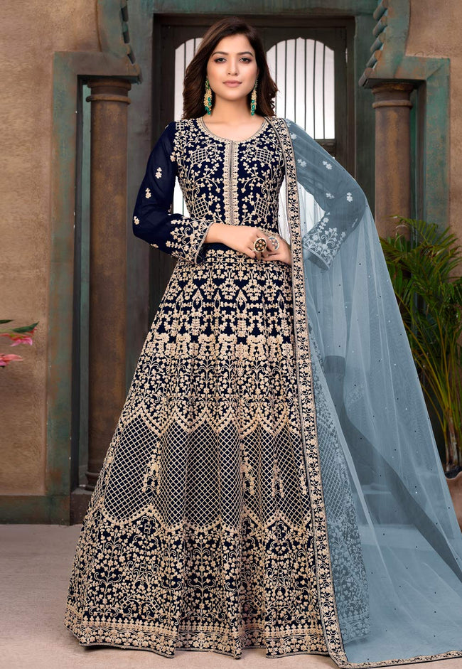 Navy Blue Ethnic Embroidered Wedding Anarkali Suit