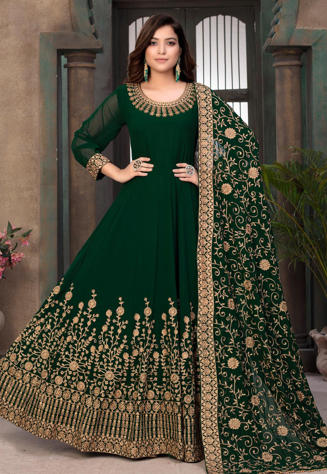 Buy Online Bottle Green Muslin Anarkali Suit with Red Orange Dupatta – Pure  Elegance