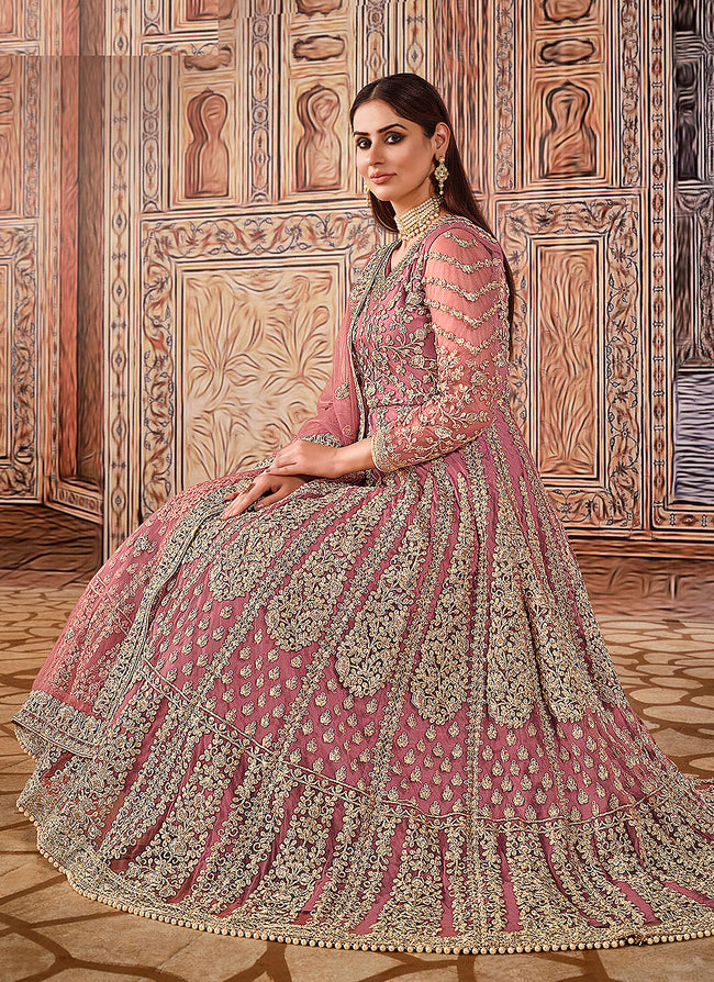 Readymade Pink Chanderi Pant Style Anarkali Suit 4171SL24