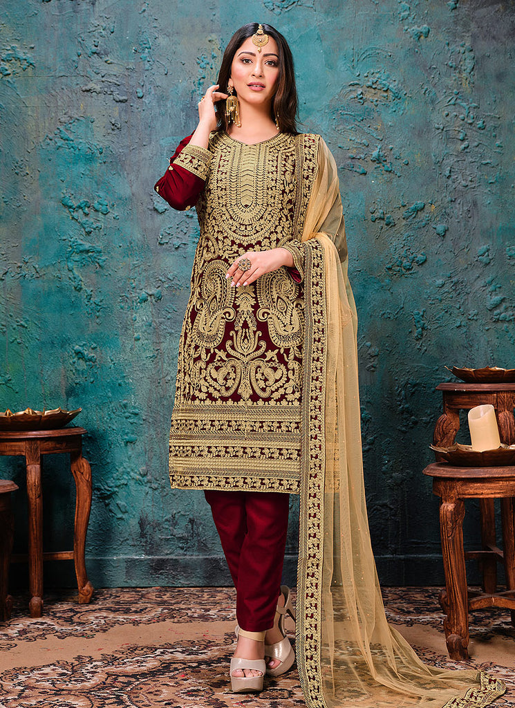Red Golden Embroidered Pant Style Suit