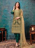 Green Golden Embroidered Pant Style Suit