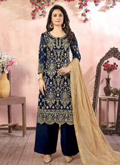Blue Embroidered Designer Palazzo Suit