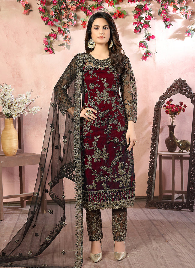 Maroon Embroidered Pant Style Salwar Suit